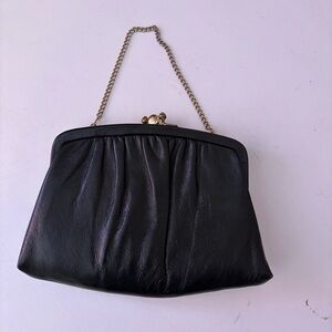 Vintage Elegant Black Leather Clutch with Gold Chain